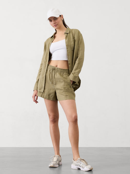 شورت ريتريت كتان بخصر متوسط الارتفاع