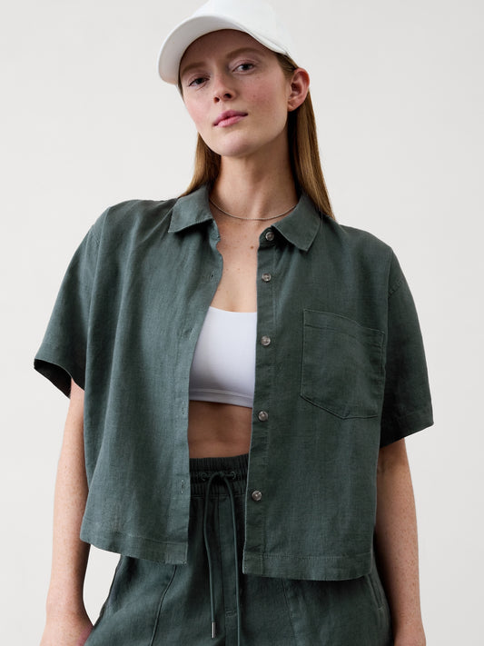 قميص ريتريت كتان بأكمام قصيرة